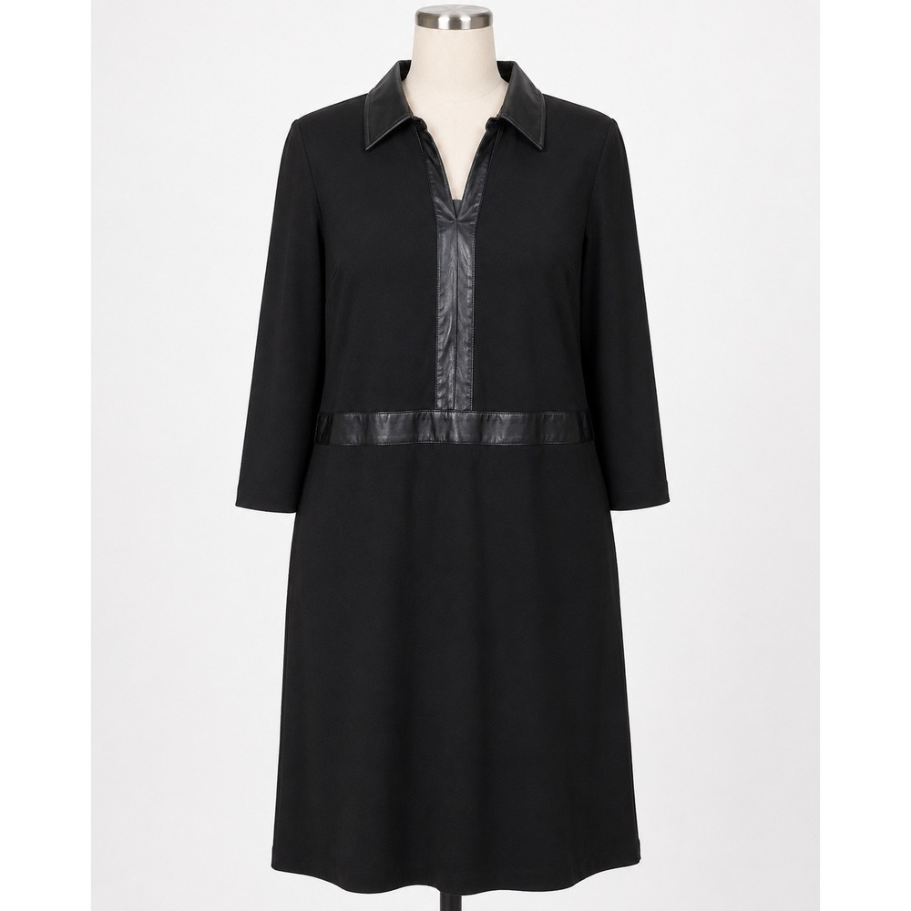 Talbots Plus Black Shift Dress Faux Leather Trim V-Neck 3/4 Sleeve 16W NWT